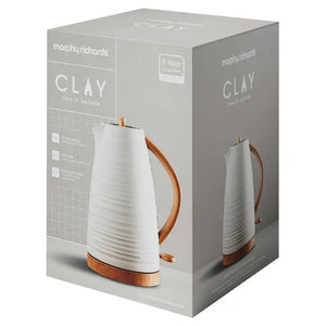 Morphy Richards Clay white jug kettle with wood grain handle and base in packaging box featuring 3 year guarantee