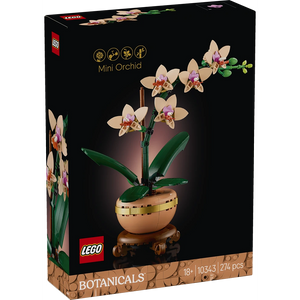 LEGO Botanicals Mini Orchid 10343 set box showing completed beige and pink orchid flowers with green leaves in terracotta pot on wooden stand, 274 pieces, age 18+