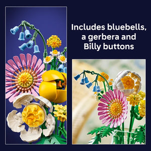 LEGO Petite Sunny Bouquet 10347 product image showing colorful brick flowers including pink gerberas with yellow centers, blue bluebells, white flowers with yellow centers, yellow mushroom and sphere elements, with green stems on dark blue background, displayed alongside styled photograph of realistic flowers
