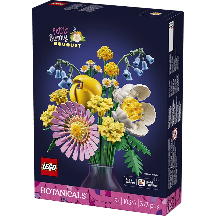 LEGO Petite Sunny Bouquet 10347 building set featuring colorful constructed flowers including yellow daisies, pink gerbera, white petals and blue bell-shaped blooms with green stems in a dark vase, 373 pieces, ages 9 plus