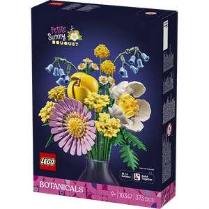 LEGO Petite Sunny Bouquet 10347 building set featuring colorful constructed flowers including yellow daisies, pink gerbera, white petals and blue bell-shaped blooms with green stems in a dark vase, 373 pieces, ages 9 plus