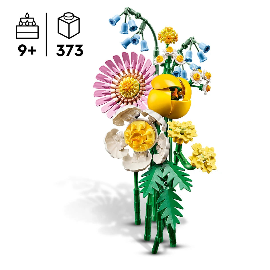 LEGO Petite Sunny Bouquet 10347 set featuring buildable flowers including pink gerbera, white peony, yellow daffodils and blue forget-me-nots with green stems and leaves, displayed against white background with 9+ age recommendation and 373 pieces indicated