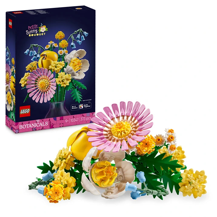 LEGO Petite Sunny Bouquet 10347 building set showing colorful artificial flowers including pink gerbera daisy, yellow roses, and blue forget-me-nots with green stems in a clear vase, displayed next to navy blue product box with 375 pieces