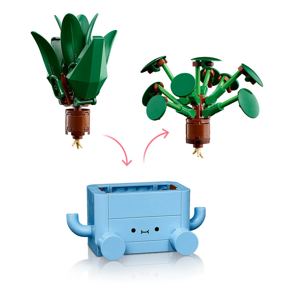 LEGO Happy Plants 10349 set showing green buildable plant with articulated leaves in brown pot transforming into multi-stemmed plant with round leaves, connecting to smiling blue pot planter with wheels and curved handles