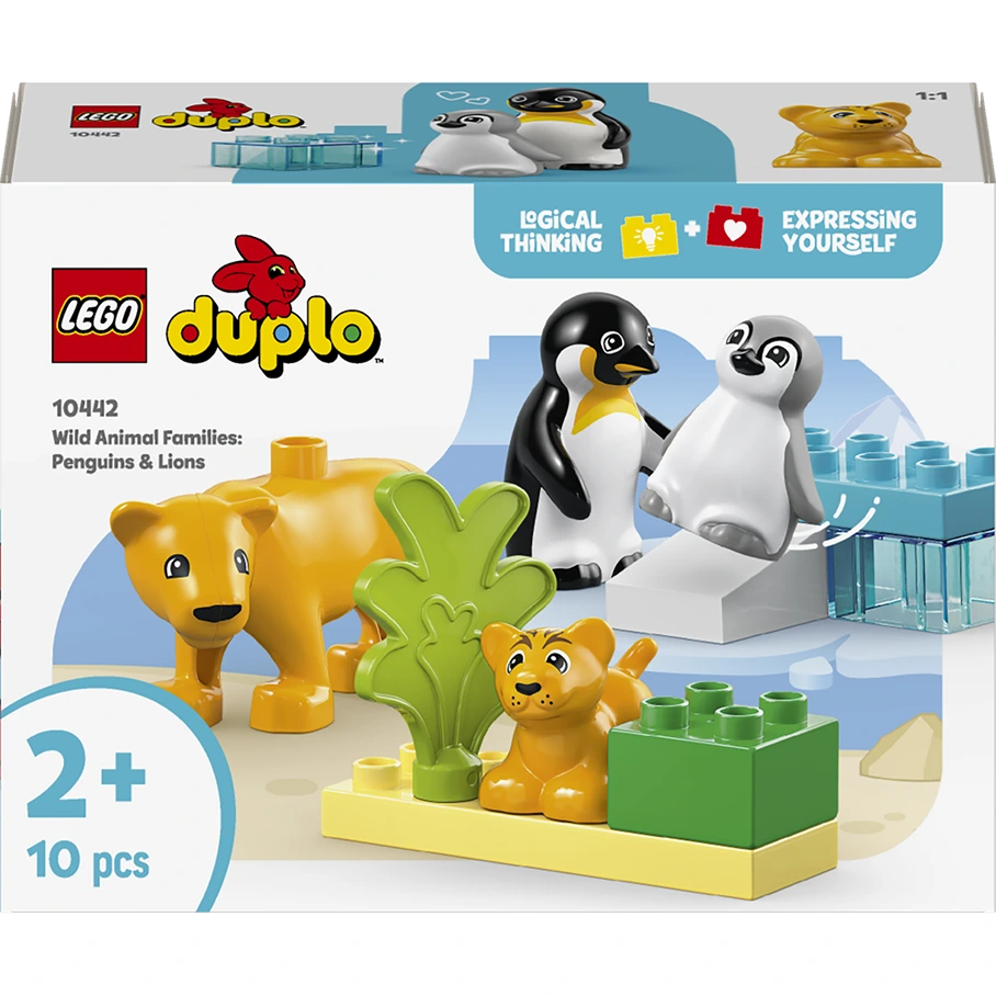 LEGO Duplo Wild Animal Families Penguins and Lions set 10442 featuring yellow lion and cub figures, black and white penguin pair, green plant element, and colorful building bricks on display box for ages 2 and up with 10 pieces