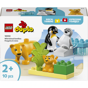 LEGO Duplo Wild Animal Families Penguins and Lions set 10442 featuring yellow lion and cub figures, black and white penguin pair, green plant element, and colorful building bricks on display box for ages 2 and up with 10 pieces