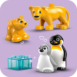 LEGO Wild Animal Families set 10442 featuring bright yellow lion figures, black and white penguin characters with hearts, and turquoise blue storage brick against a purple background