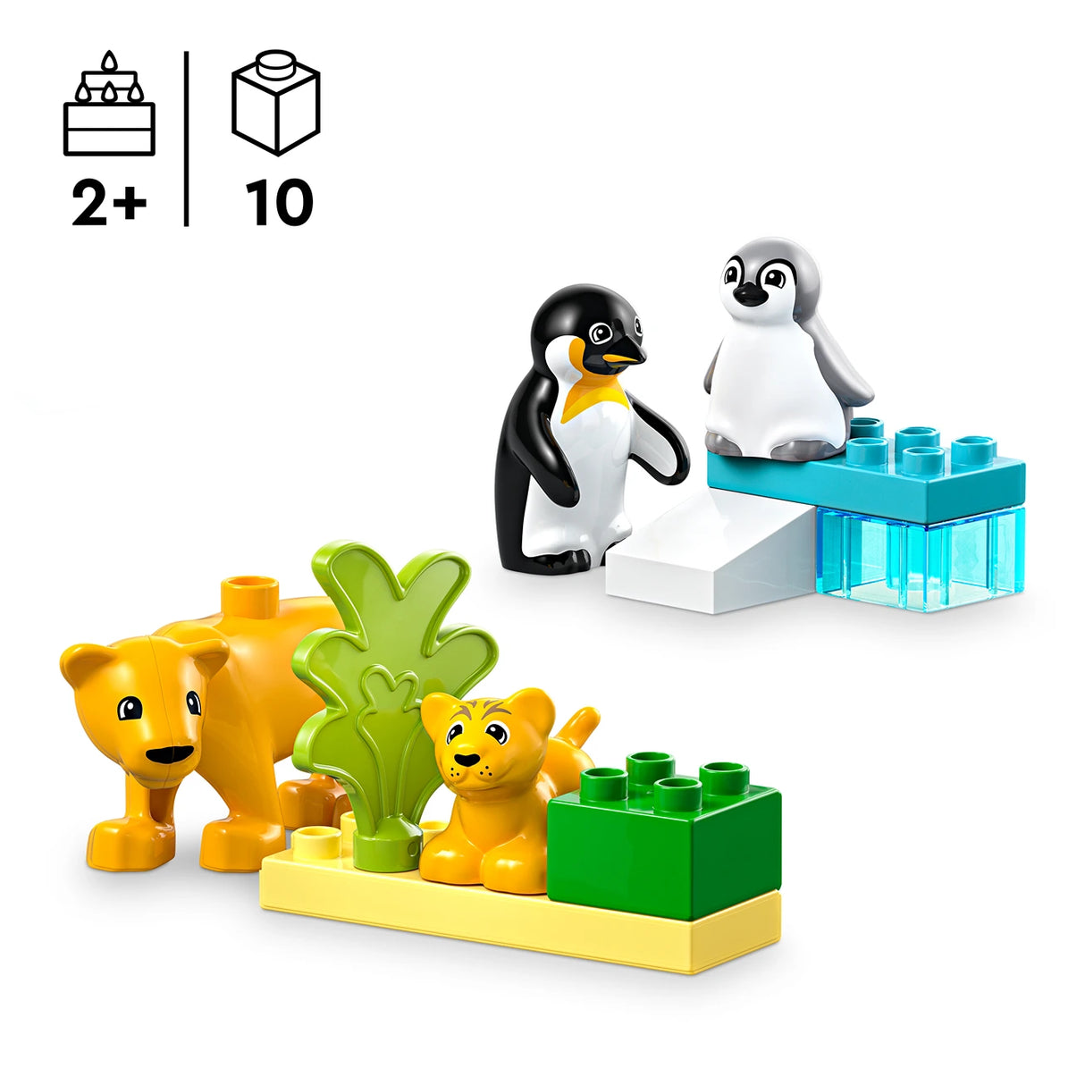 LEGO Duplo Wild Animal Families set 10442 featuring yellow lion and cub figures with green plant elements on yellow base, black and white penguin with gray chick on turquoise brick platform, 10 pieces for ages 2+