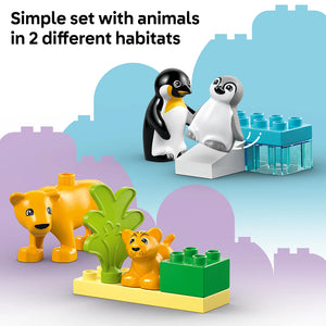LEGO Duplo Wild Animal Families set 10442 featuring yellow lion and cub figures with green foliage on purple baseplate, and black and white penguin with grey seal figures on blue baseplate with transparent building blocks