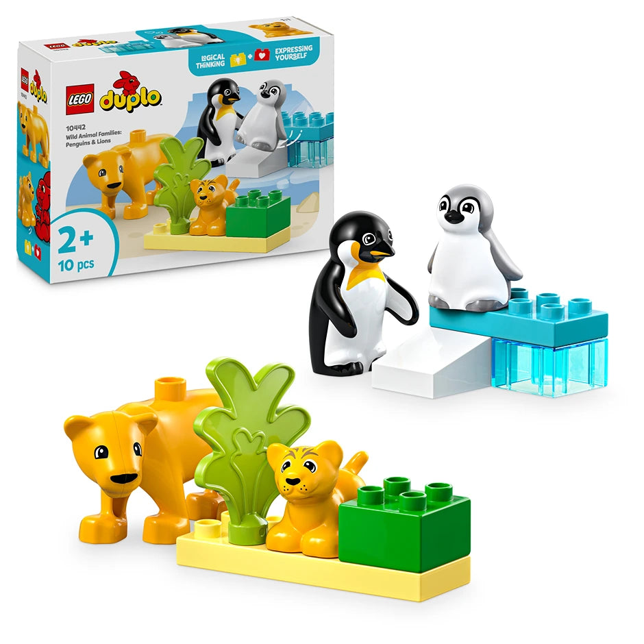LEGO DUPLO Wild Animal Families set 10442 featuring two yellow lions with green plant elements on yellow base and two black and white penguins on turquoise blue base with building blocks, 10 pieces for ages 2 and up