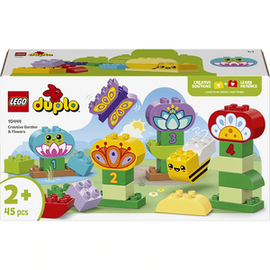 LEGO DUPLO Creative Garden & Flowers set 10444 featuring 45 colorful building pieces including numbered flower blocks with cute faces, purple butterfly, green stems and leaves on white background for ages 2 plus