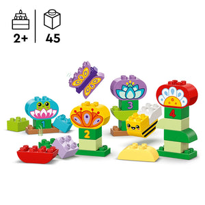 LEGO DUPLO Creative Garden and Flowers set 10844 featuring colorful numbered stacking blocks with flower and insect designs in red, purple, yellow, green and blue, recommended for ages 2 and up, contains 45 pieces