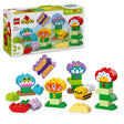 LEGO DUPLO Creative Garden and Flowers 10444 set with 45 pieces featuring colorful flower building blocks numbered 1-4, yellow bee character, and green base blocks in bright primary colors