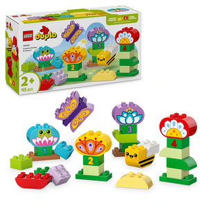 LEGO DUPLO Creative Garden and Flowers 10444 set with 45 pieces featuring colorful flower building blocks numbered 1-4, yellow bee character, and green base blocks in bright primary colors