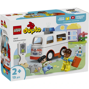 LEGO Duplo Ambulance and Driver set 10447 featuring a white and red ambulance vehicle, two child figures in yellow and blue outfits, accessories including a banana and medical items, displayed with packaging box against white background