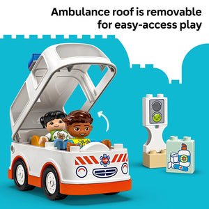 LEGO Duplo ambulance toy set featuring a white and orange vehicle with removable roof, two DUPLO figures, a traffic light accessory, and medical supply blocks on turquoise background