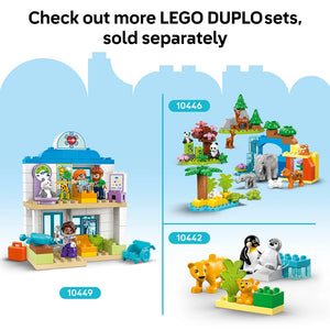LEGO DUPLO set 10449 featuring a colorful clinic building with blue roof, purple door, and yellow base, including two minifigures and medical-themed accessories, displayed alongside promotional images of related LEGO DUPLO animal and wildlife sets 10446 and 10442