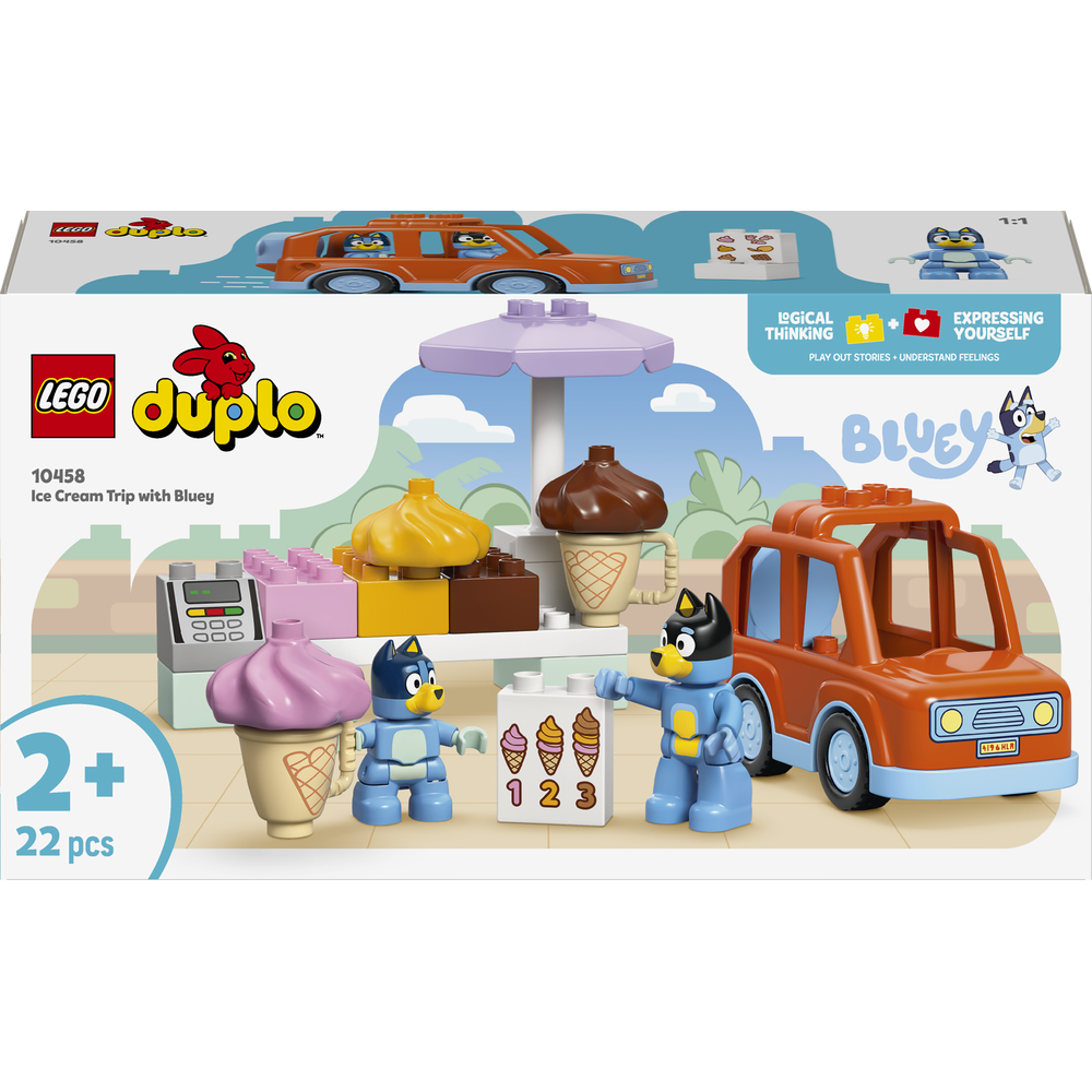 LEGO Duplo Ice Cream Trip with Bluey set 10458 featuring orange ice cream van, purple ice cream cone, yellow ice cream swirl, blue Bluey and Bingo figures, ice cream shop stand, and 22 colorful building pieces for toddlers aged 2 and up