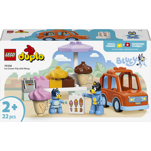 LEGO Duplo Ice Cream Trip with Bluey set 10458 featuring orange ice cream van, purple ice cream cone, yellow ice cream swirl, blue Bluey and Bingo figures, ice cream shop stand, and 22 colorful building pieces for toddlers aged 2 and up