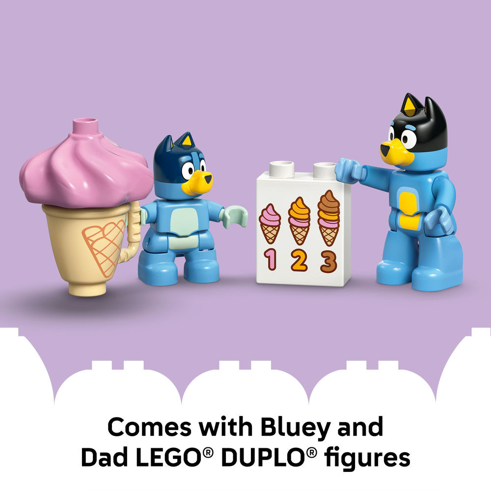 LEGO DUPLO set 10458 Ice Cream Trip with Bluey featuring two blue cartoon dog figures, a pink ice cream cone piece with waffle cone base, and a white brick with numbered ice cream cone designs on purple background