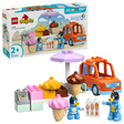 LEGO Duplo Ice Cream Trip with Bluey set 10458 featuring orange ice cream truck, purple umbrella, pink and yellow ice cream pieces, two blue Bluey character minifigures, register element, and numbered card on white background