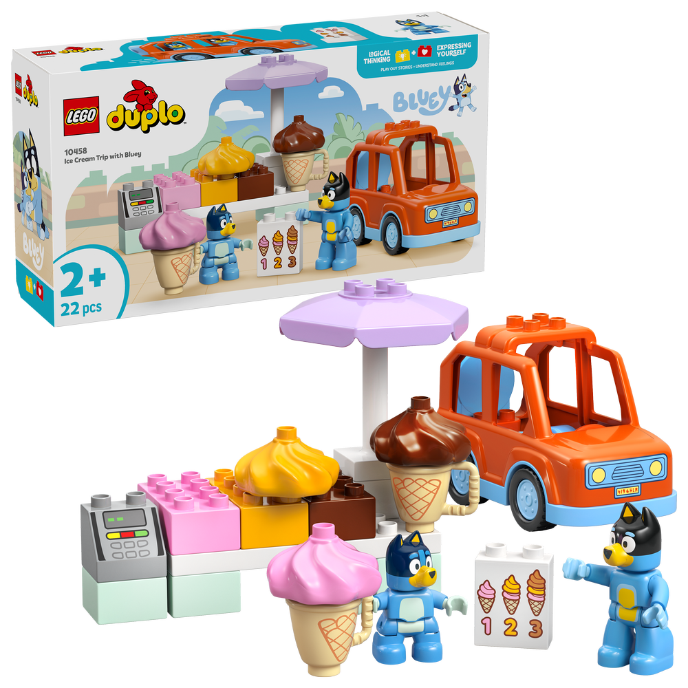 LEGO Duplo Ice Cream Trip with Bluey set 10458 featuring orange ice cream truck, purple umbrella, pink and yellow ice cream pieces, two blue Bluey character minifigures, register element, and numbered card on white background