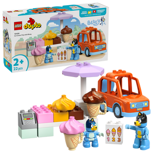 LEGO Duplo Ice Cream Trip with Bluey set 10458 featuring orange ice cream truck, purple umbrella, pink and yellow ice cream pieces, two blue Bluey character minifigures, register element, and numbered card on white background