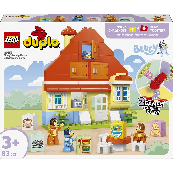 LEGO Duplo Bluey's Family House set 10459 featuring a colorful two-story orange and yellow brick house with blue door, including 5 DUPLO figures, furniture pieces, and 2 games to build and play, 83 pieces total, recommended for ages 3+
