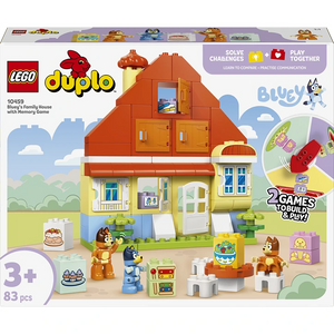 LEGO Duplo Bluey's Family House set 10459 featuring a colorful two-story orange and yellow brick house with blue door, including 5 DUPLO figures, furniture pieces, and 2 games to build and play, 83 pieces total, recommended for ages 3+