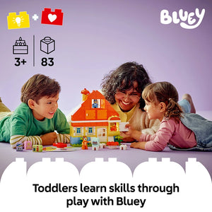 LEGO Bluey Family House set 10459 showing three children playing with orange and colorful brick house structure, includes 83 pieces, age 3+, with tagline "Toddlers learn skills through play with Bluey"