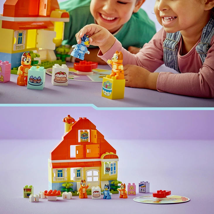 Two children playing with Lego Bluey's Family House set featuring a red and yellow brick house with multiple rooms, colorful minifigures including Bluey characters, green plants, and a memory game board on a purple surface, with the complete set displayed below showing all components and pieces