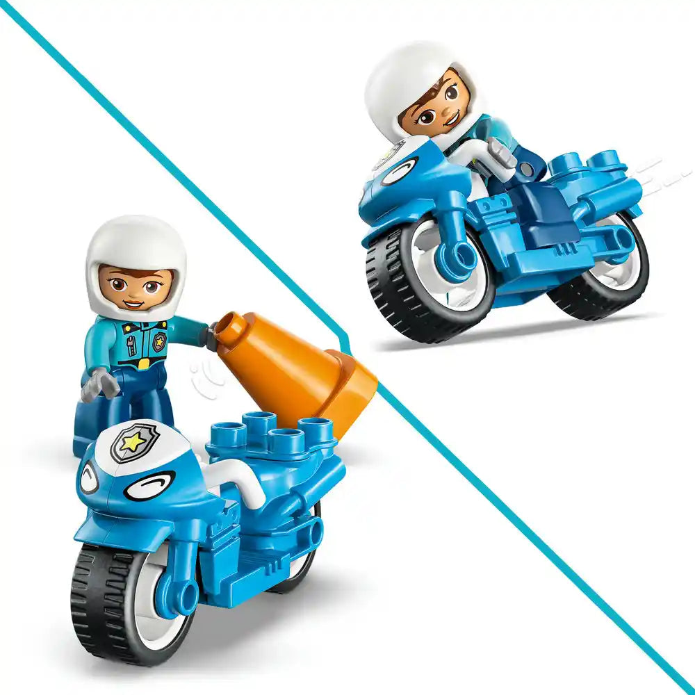 LEGO Duplo blue police motorcycle set featuring two minifigures with white helmets in blue uniforms, one seated on a detailed blue and white motorcycle with black tires and an orange cannon accessory, displayed against white background