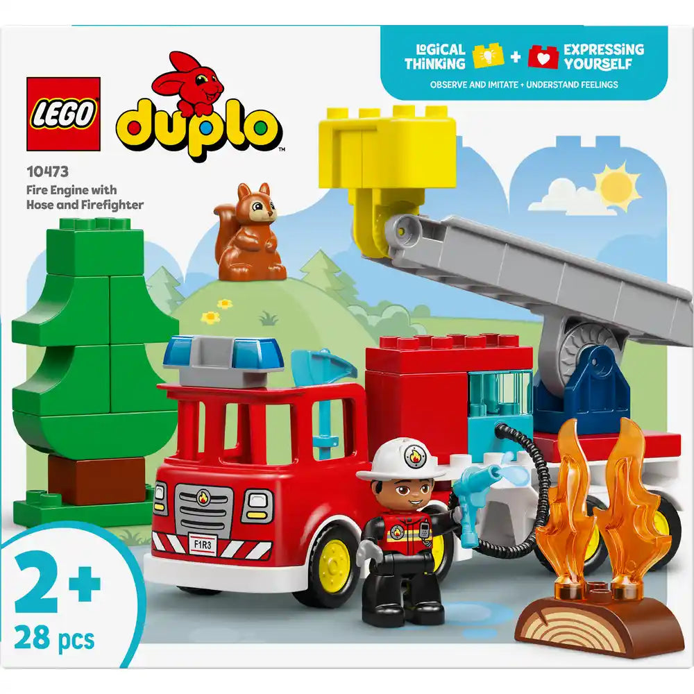LEGO Duplo Fire Engine with Hose and Firefighter set 10473 featuring a red fire truck with yellow wheels, firefighter minifigure in white helmet, yellow water hose, orange flames, green tree, brown squirrel and accessory pieces on scenic background, 28 pieces for ages 2+