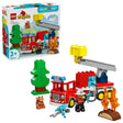 LEGO Duplo Fire Engine set 10473 featuring red fire truck with yellow wheels, firefighter minifigure, green pine tree, brown bear, blue water hose, yellow ladder attachment, and orange flames, 28 pieces for ages 2 plus