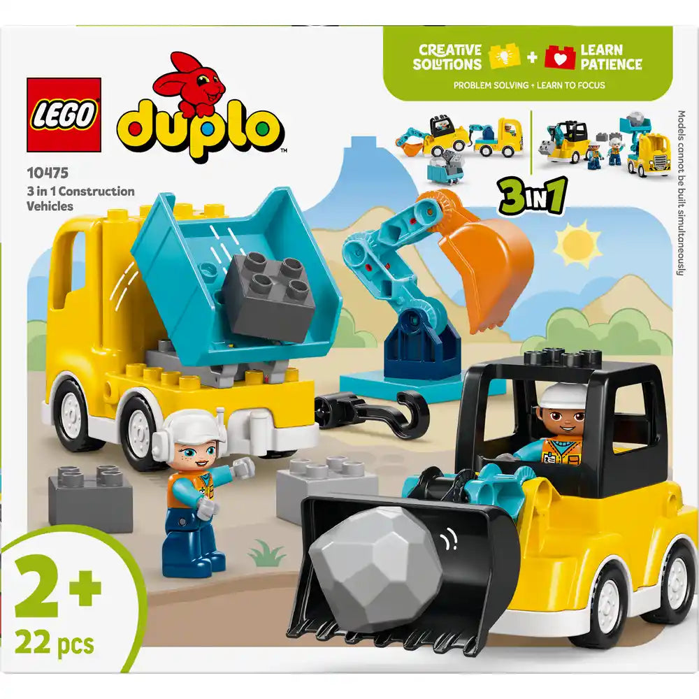 LEGO Duplo 10475 3 in 1 Construction Vehicles set with yellow and black bulldozer, yellow and turquoise excavator, and yellow dump truck on sandy construction site background, featuring two minifigures and 22 colorful LEGO bricks, designed for ages 2 and up