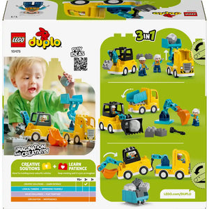 LEGO DUPLO 10475 Construction Vehicles 3 in 1 set showing yellow and blue toy trucks, digger and dump truck with worker minifigures, gray building blocks, and orange bucket accessories on green product packaging background