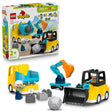 LEGO Duplo 3 in 1 Construction Vehicles set 10475 featuring yellow and turquoise dump truck, excavator and bulldozer with gray building blocks and worker minifigure on white background