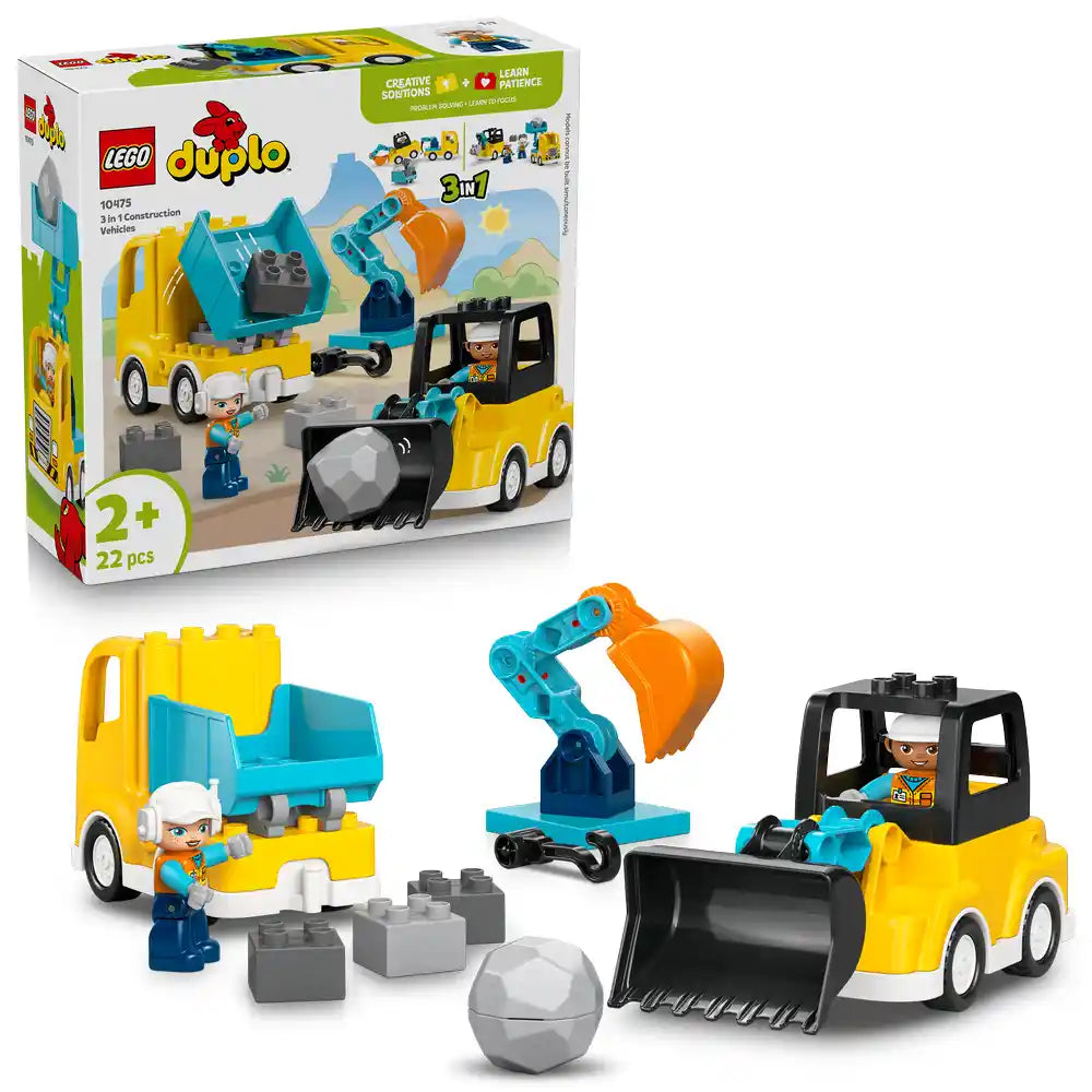 LEGO Duplo 3 in 1 Construction Vehicles set 10475 featuring yellow and turquoise dump truck, excavator and bulldozer with gray building blocks and worker minifigure on white background