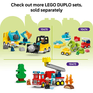 LEGO DUPLO My First 3 in 1 Creative Cute Pets set 10477 featuring colorful building blocks in yellow, blue, red and green with animal figures and vehicle pieces displayed against a light green background with product numbers 10475, 10474 and 10473 for related sets