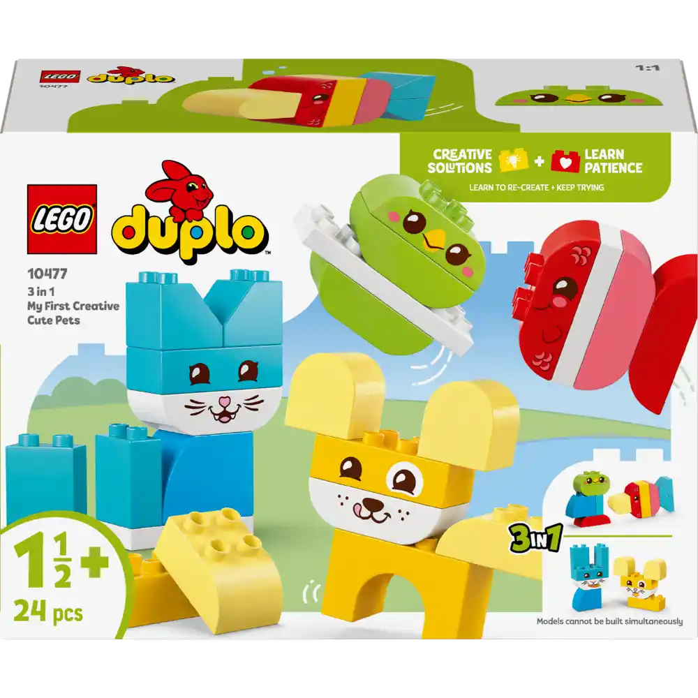 LEGO DUPLO 10477 My First 3 in 1 Creative Cute Pets set featuring colorful building blocks in blue, yellow, red and pink forming three cute animal faces including a bunny, mouse and fox with large expressive eyes, designed for toddlers age 1.5 years and up with 24 pieces