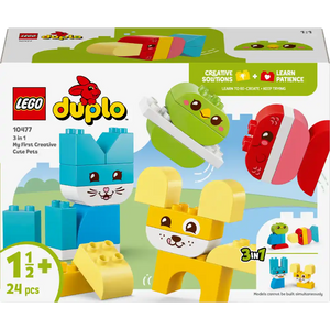 LEGO DUPLO 10477 My First 3 in 1 Creative Cute Pets set featuring colorful building blocks in blue, yellow, red and pink forming three cute animal faces including a bunny, mouse and fox with large expressive eyes, designed for toddlers age 1.5 years and up with 24 pieces