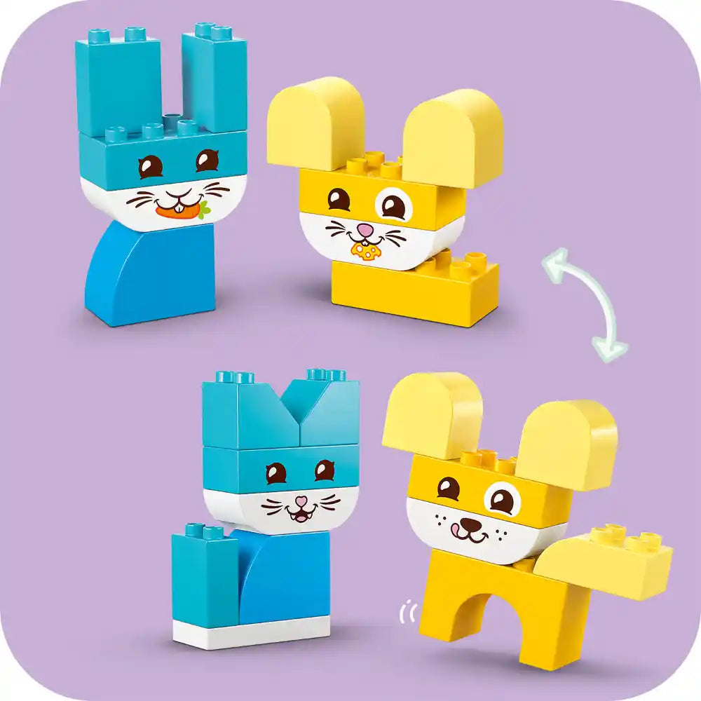 LEGO DUPLO 3 in 1 Creative Cute Pets set showing turquoise and yellow buildable animal characters with simple faces against a purple background, demonstrating transformation configurations with an arrow indicating build variations