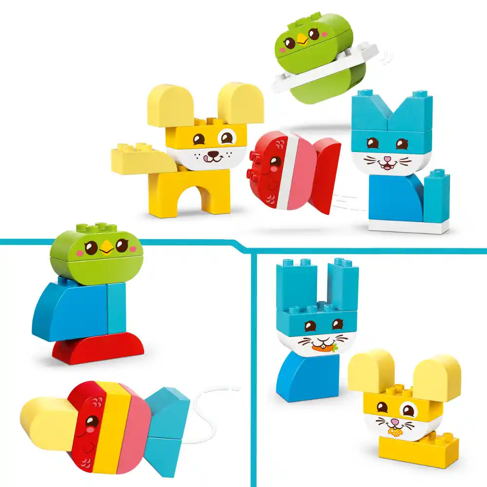 LEGO DUPLO My First 3 in 1 Creative Cute Pets set featuring colorful building blocks in yellow, green, blue, red and pink forming smiling cat and fish characters with cute facial expressions, designed for toddlers and young children