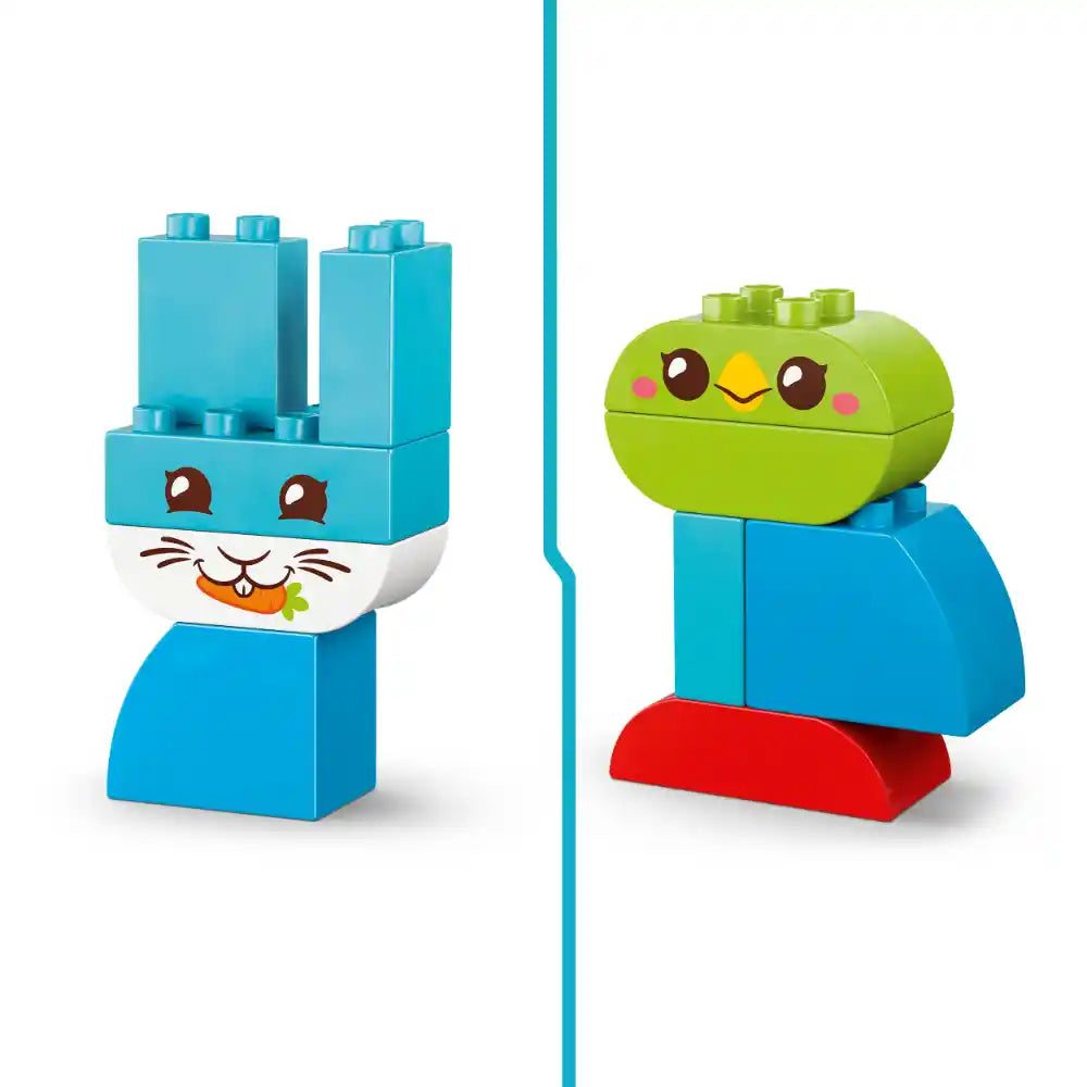 LEGO DUPLO 3 in 1 Creative Cute Pets set 10477 featuring a turquoise blue cat face with white muzzle and orange nose, stacked building blocks, and a lime green bird with yellow beak on blue and red DUPLO blocks