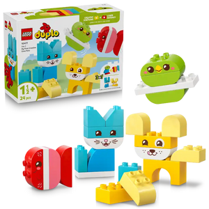LEGO DUPLO 10477 My First Creative Cute Pets 24-piece set featuring buildable toy animals in bright colors including a green caterpillar with eyes, red and pink fish, blue and white cat, and yellow and white bunny with large ears, shown with packaging box displaying product details and age rating 1.5 years plus
