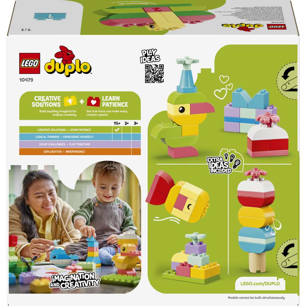 LEGO DUPLO Classic Colorful Creative Box 10479 - the back of the box showing play features and box contents. 80 pieces. Ages 1½+.