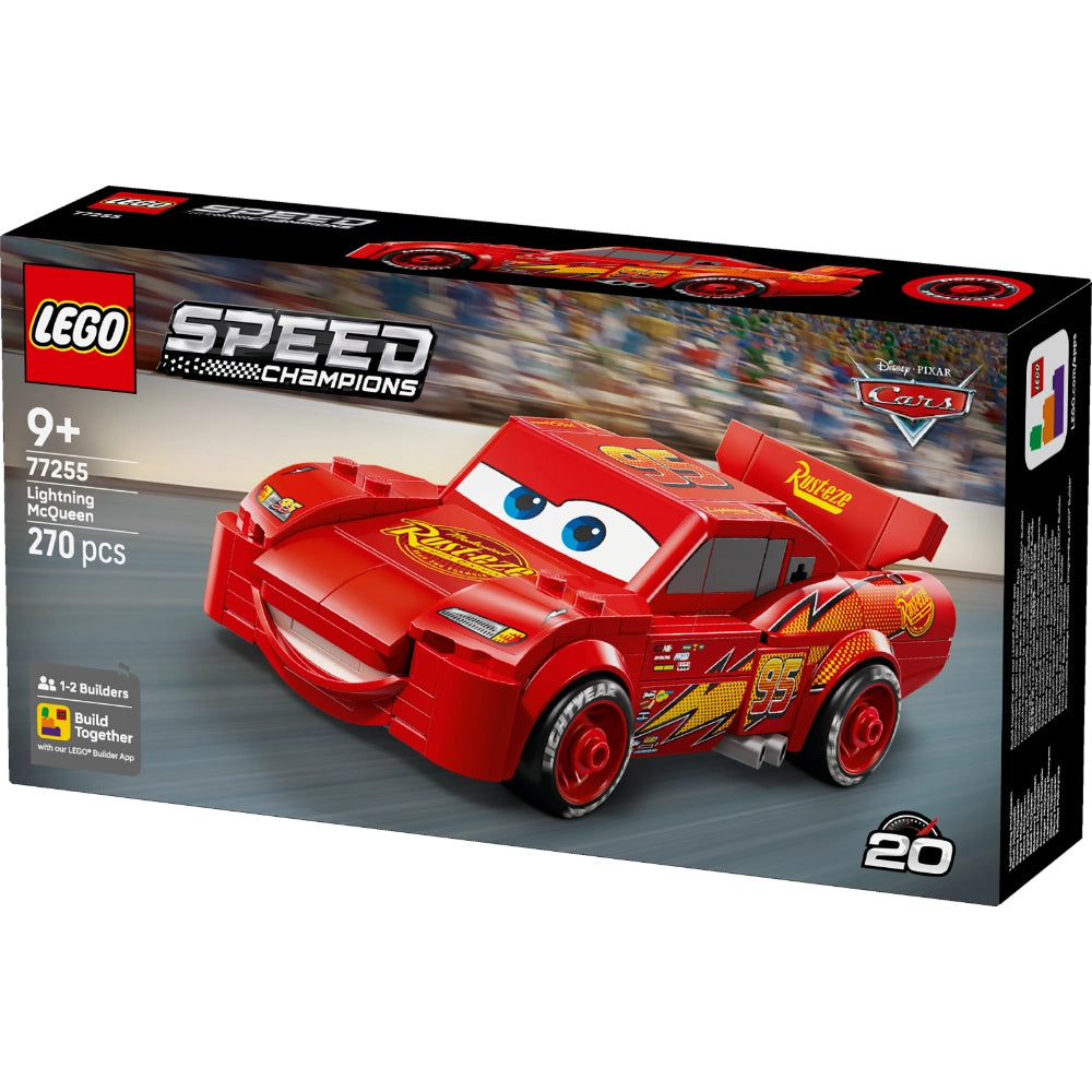LEGO Speed Champions 77255 Lightning McQueen set featuring a red buildable race car with yellow lightning bolt design and blue eyes, displayed in packaging showing 270 pieces and age 9+ recommendation