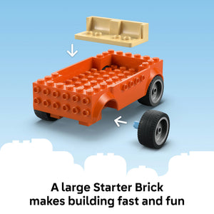 LEGO Bluey set showing assembly instructions with a tan baseplate at top, orange brick truck body in center with studs and wheel holes, black tire with blue axle below, and text reading "A large Starter Brick makes building fast and fun" against light blue background with white clouds