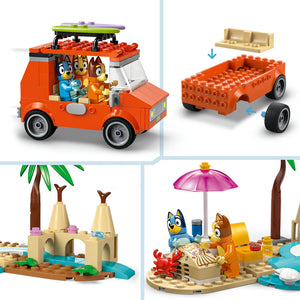 LEGO Bluey's Beach & Family Car Trip set showing orange brick vehicle with cartoon characters, detachable trailer, sandy beach castle with palm trees, and picnic scene with umbrella and crab figure