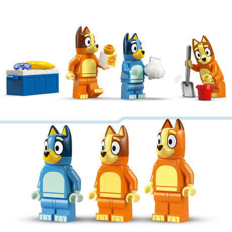 LEGO Bluey minifigures and accessories set featuring orange and blue cartoon dog characters in various poses with beach items including a blue storage chest, sunglasses, shovel, bucket, and sunscreen bottle